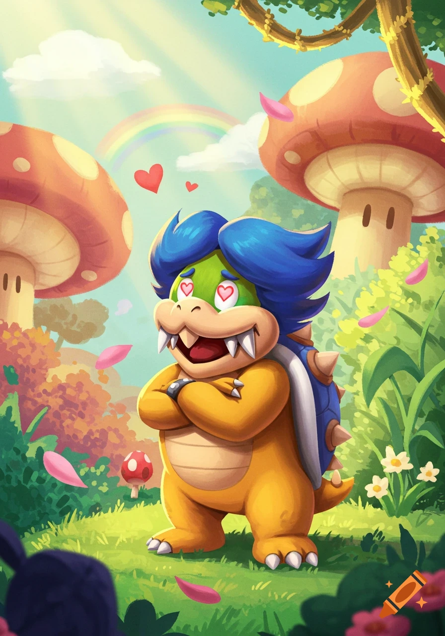 Ludwig von Koopa from Super Mario with heart eyes, standing in a colorful mushroom forest with a rainbow.
