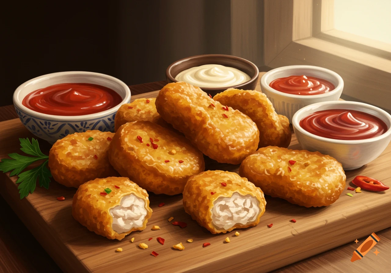 Golden fried chicken nuggets on a wooden board with bowls of ketchup and mayonnaise.