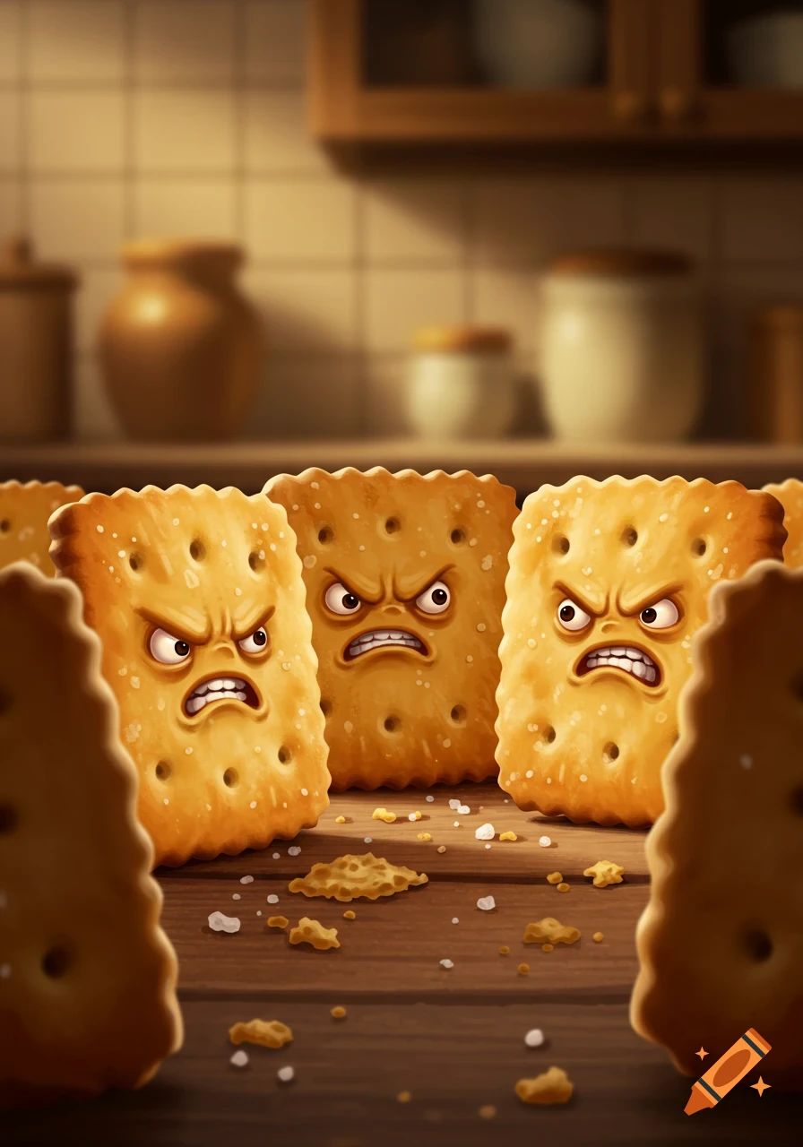 Angry anthropomorphic crackers stand on a wooden table in a kitchen, cartoon style.