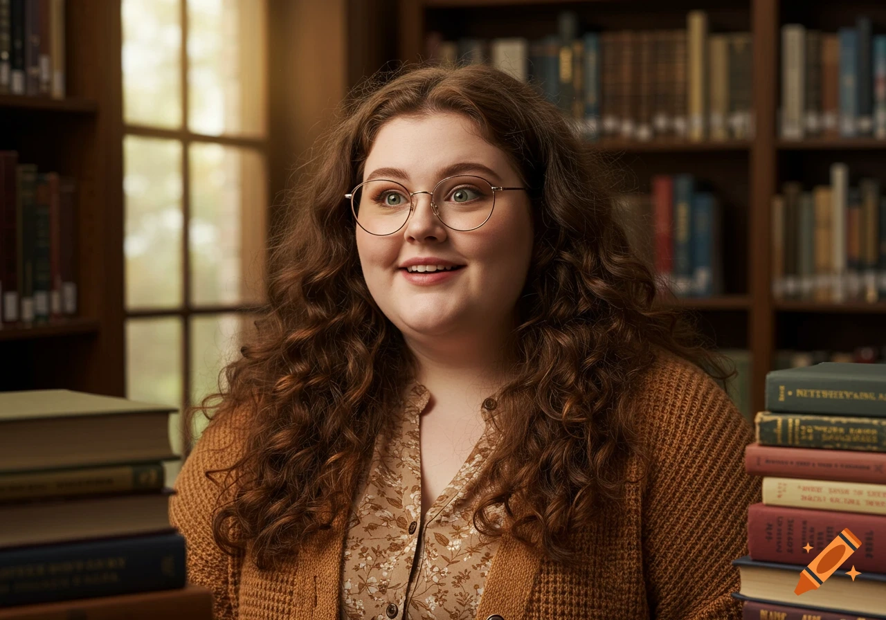 A smiling woman with curly brown hair and glasses in a library, surrounded by books.