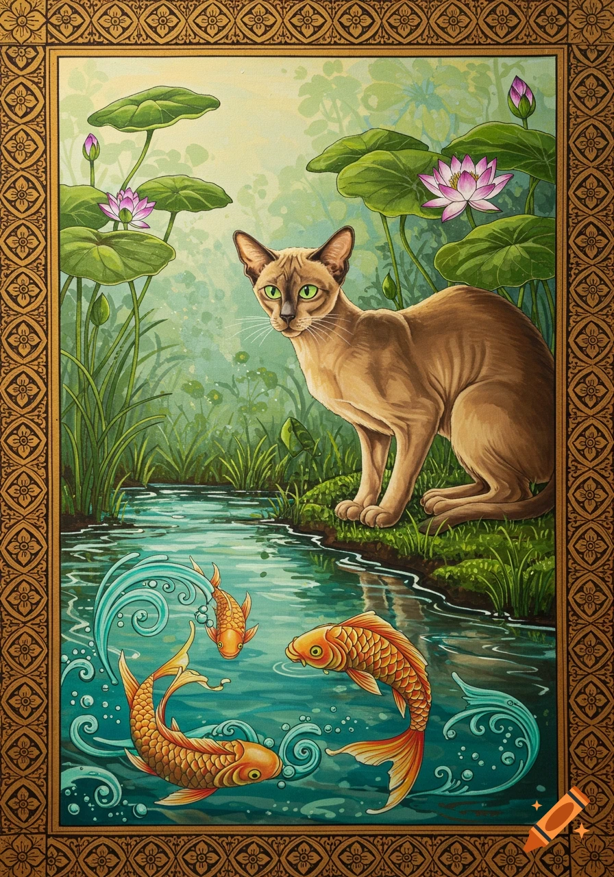 A traditional style painting of a brown cat with green eyes watching goldfish in a stream among lotus flowers, framed by an ornate border.