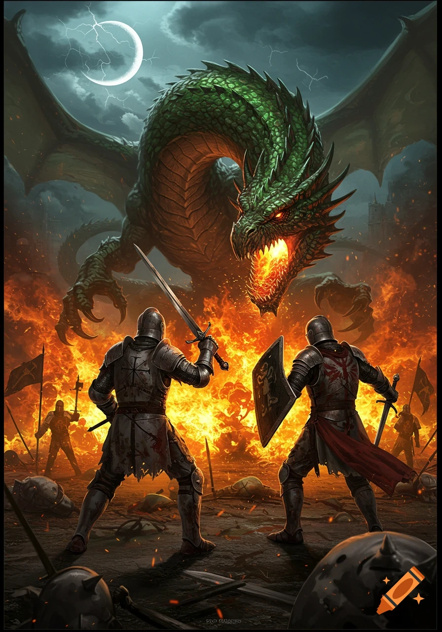 Two knights in armor confront a fire-breathing green dragon on a fiery battlefield under a stormy sky with a crescent moon. Epic fantasy art.