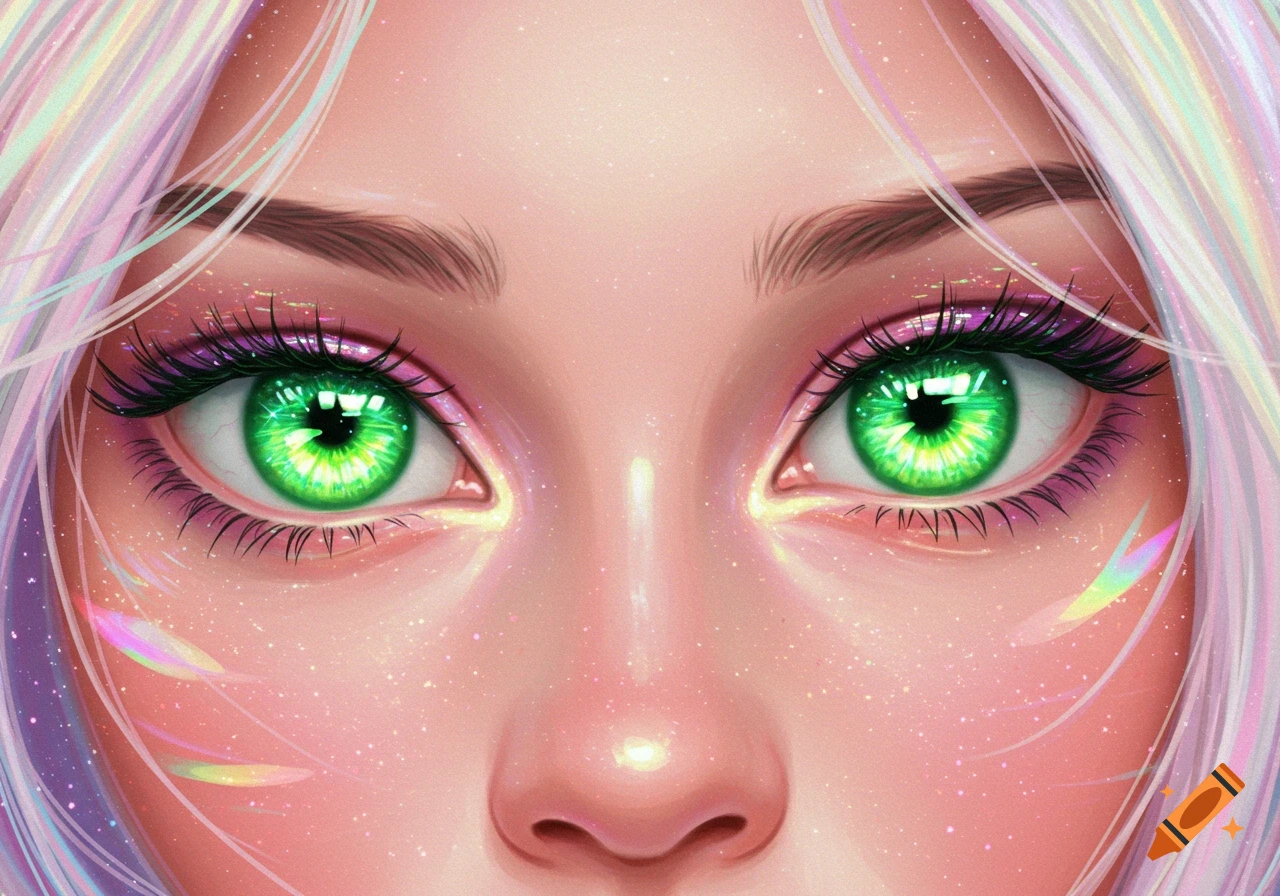 Close-up of sparkling, vibrant lime green anime eyes with long eyelashes, iridescent pink skin, and pastel hair.