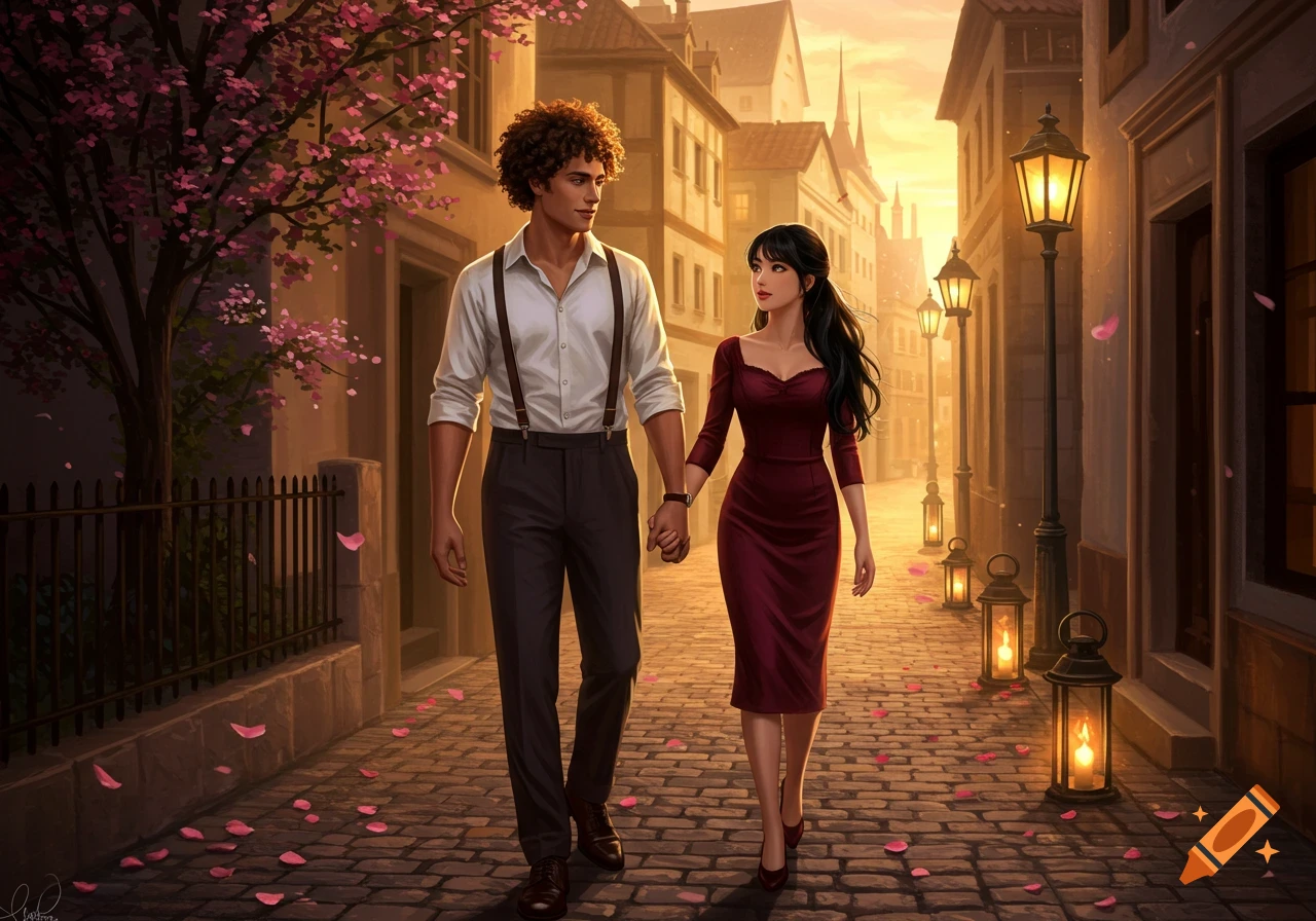 A digital painting of a couple holding hands and walking down an old-fashioned cobblestone street at sunset, with cherry blossoms and lanterns.