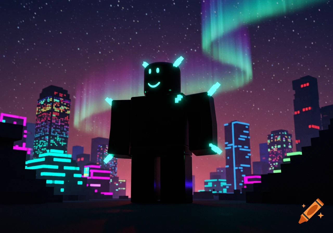 A black blocky figure with a glowing smiley face and neon accents stands in a neon-lit futuristic cityscape under a vibrant aurora borealis.