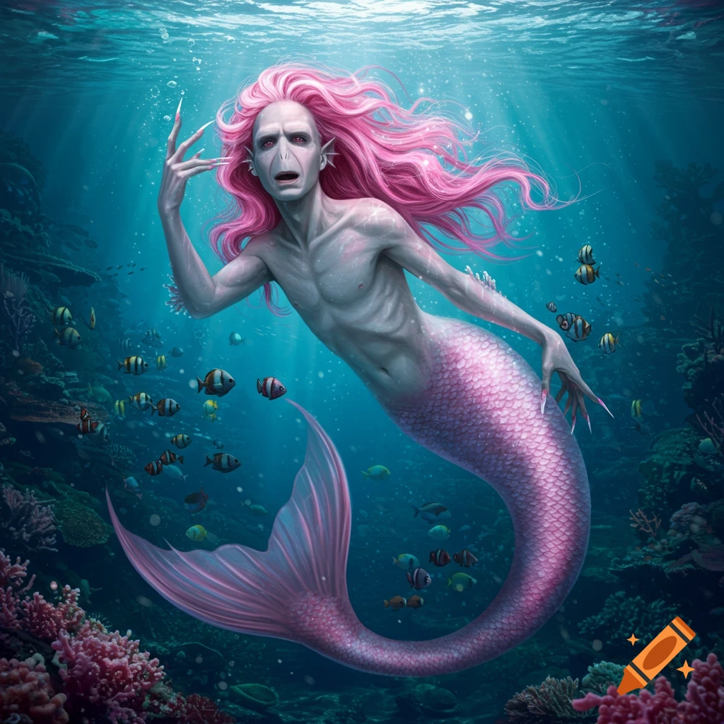 Voldemort as a pale-skinned mermaid with long pink hair and a pink scaled tail, swimming underwater amidst colorful coral and tropical fish.