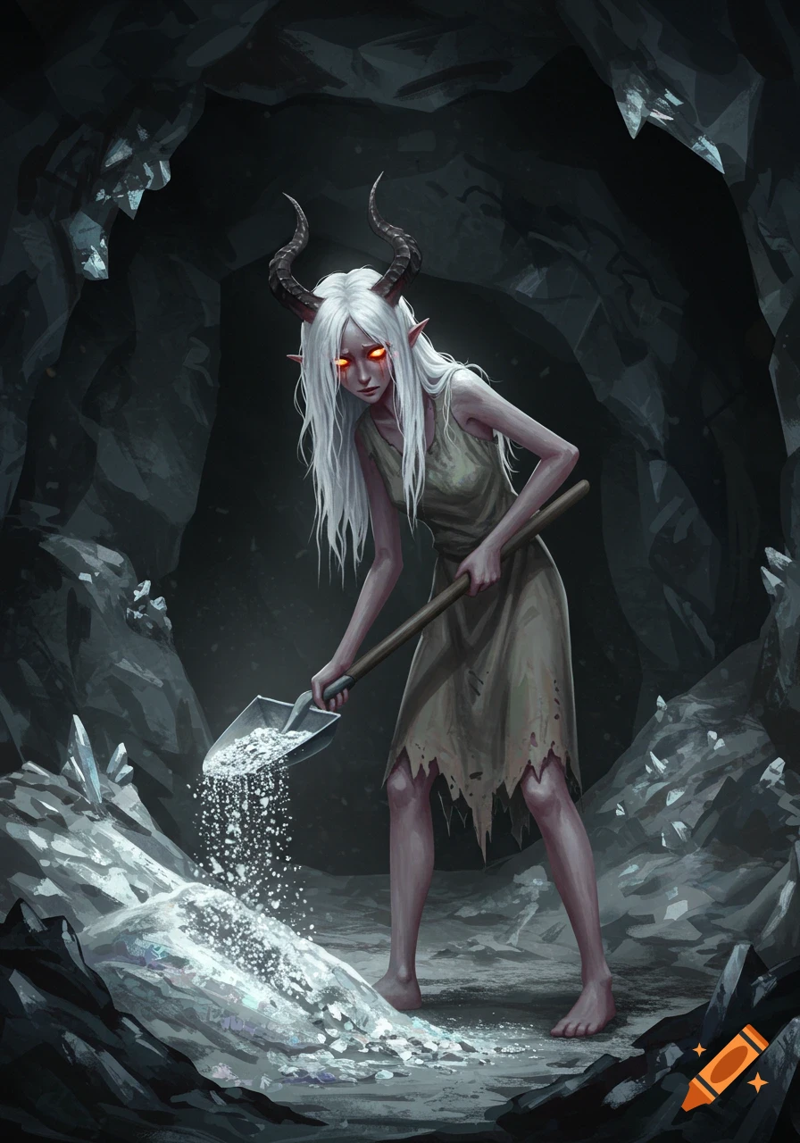 A white-haired horned woman with red eyes, in a tattered dress, shovels glowing silver powder in a dark, crystal-filled mine.