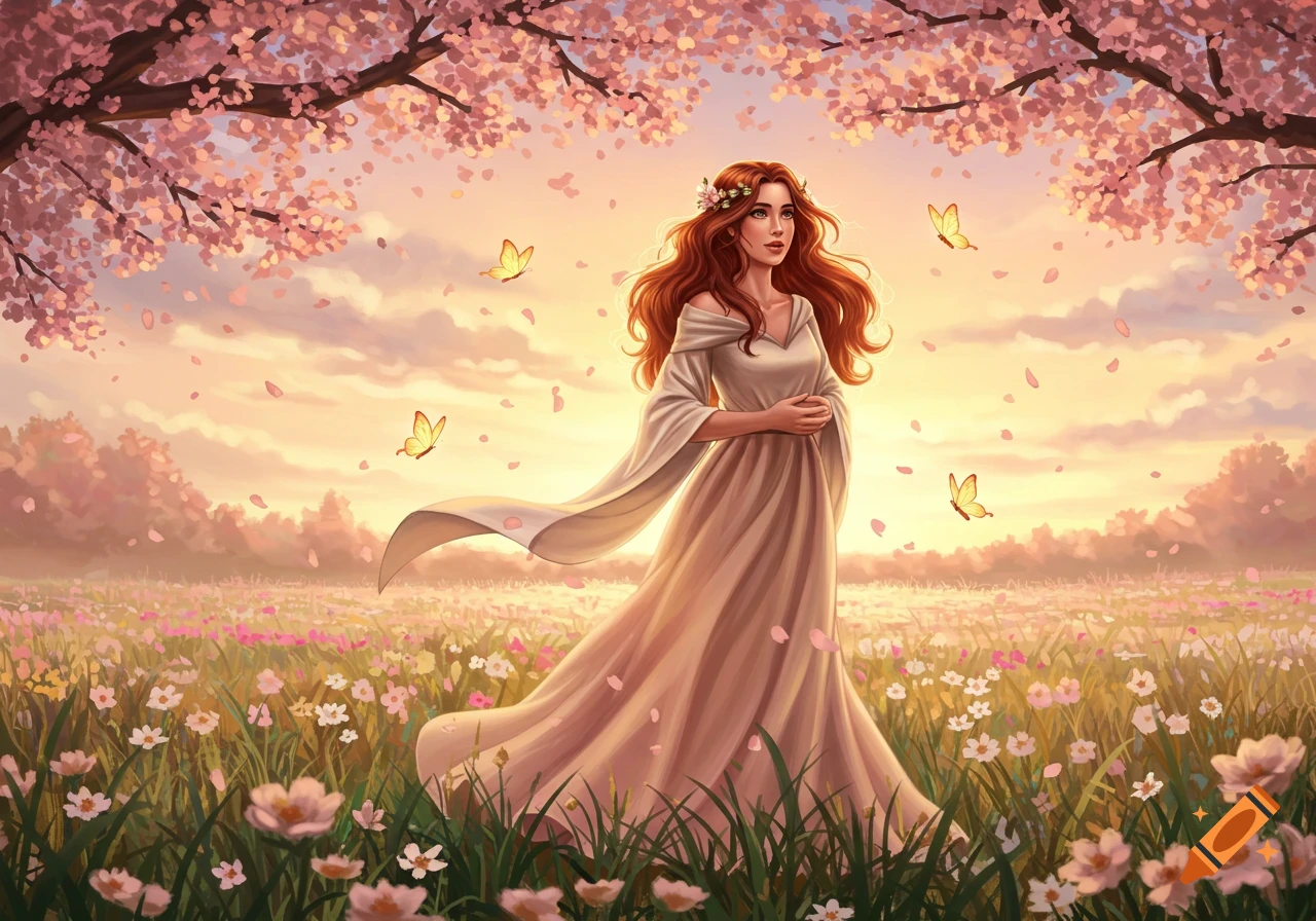 A woman with long red hair wearing a flowing cream-colored dress stands in a field of colorful flowers under cherry blossoms, with butterflies flying around her at sunset.