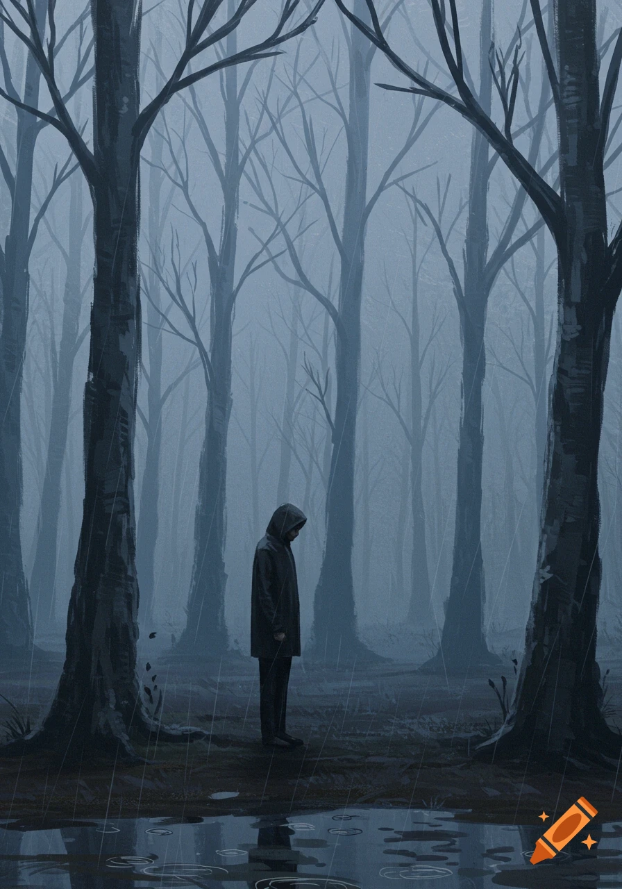 A lone figure in a dark hooded coat stands in a gloomy, rainy forest with bare trees and puddles, looking down.