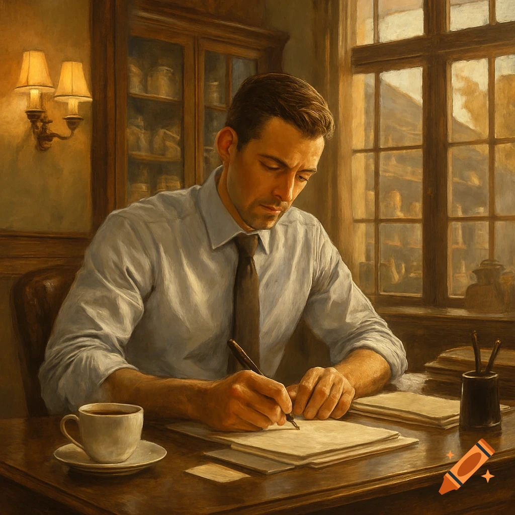 A man in a shirt and tie sits at a wooden desk, writing notes with a pen, in a painterly style.