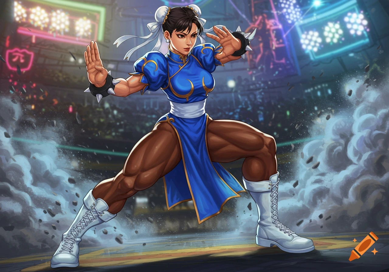 Chun-Li in a blue qipao and white boots, posing in a fighting stance in a stadium, digital art style.