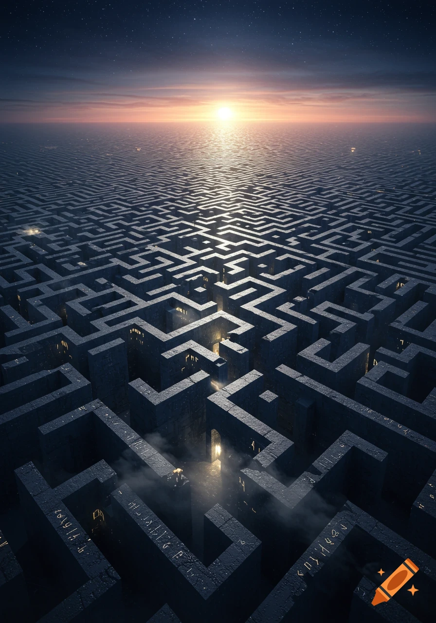 An aerial view of an infinite, towering stone maze under a starry sky and a bright sunset or sunrise on the horizon.