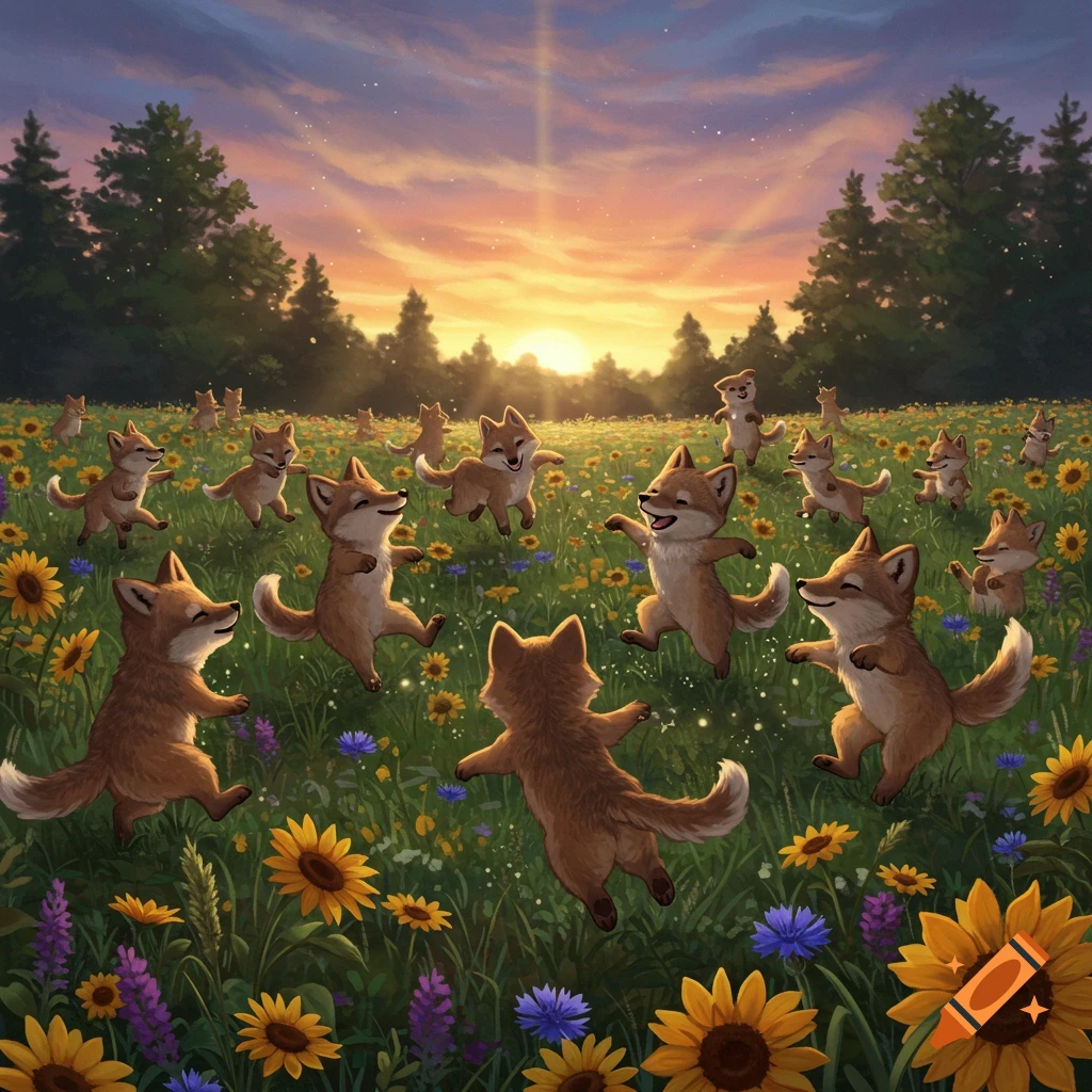 Whimsical digital painting of many small, happy foxes dancing in a field of sunflowers and wildflowers at a vibrant sunset.