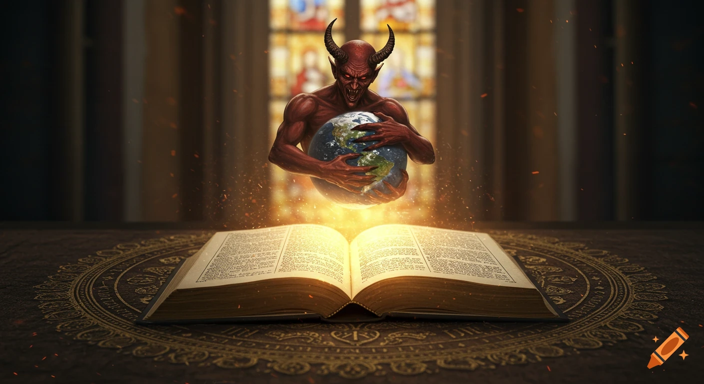 A horned, red-skinned devil holding the Earth above an open, glowing Bible on a dark, ornate table, with a stained-glass window backdrop.