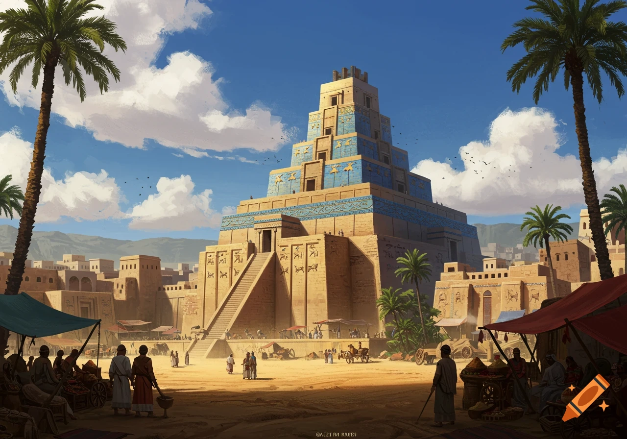 A vibrant painting of an ancient Mesopotamian city with a grand ziggurat temple, bustling market, and palm trees under a bright blue sky.