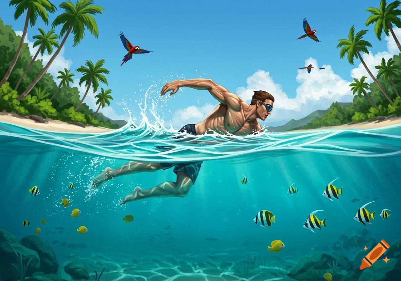 Vibrant illustration of a man swimming in a clear tropical ocean with fish, palm trees, and parrots flying.