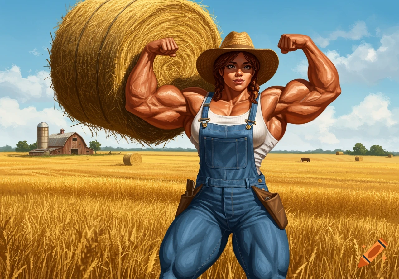 Illustrative image of a very muscular female farmer in overalls and straw hat flexing biceps with a hay bale in a golden field.