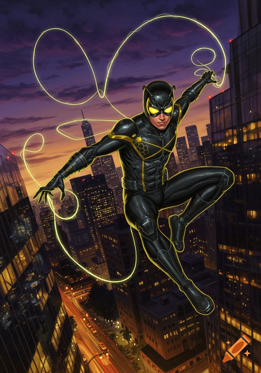 Superhero The Hornet in a black and yellow suit swings through a city at dusk, comic book style.