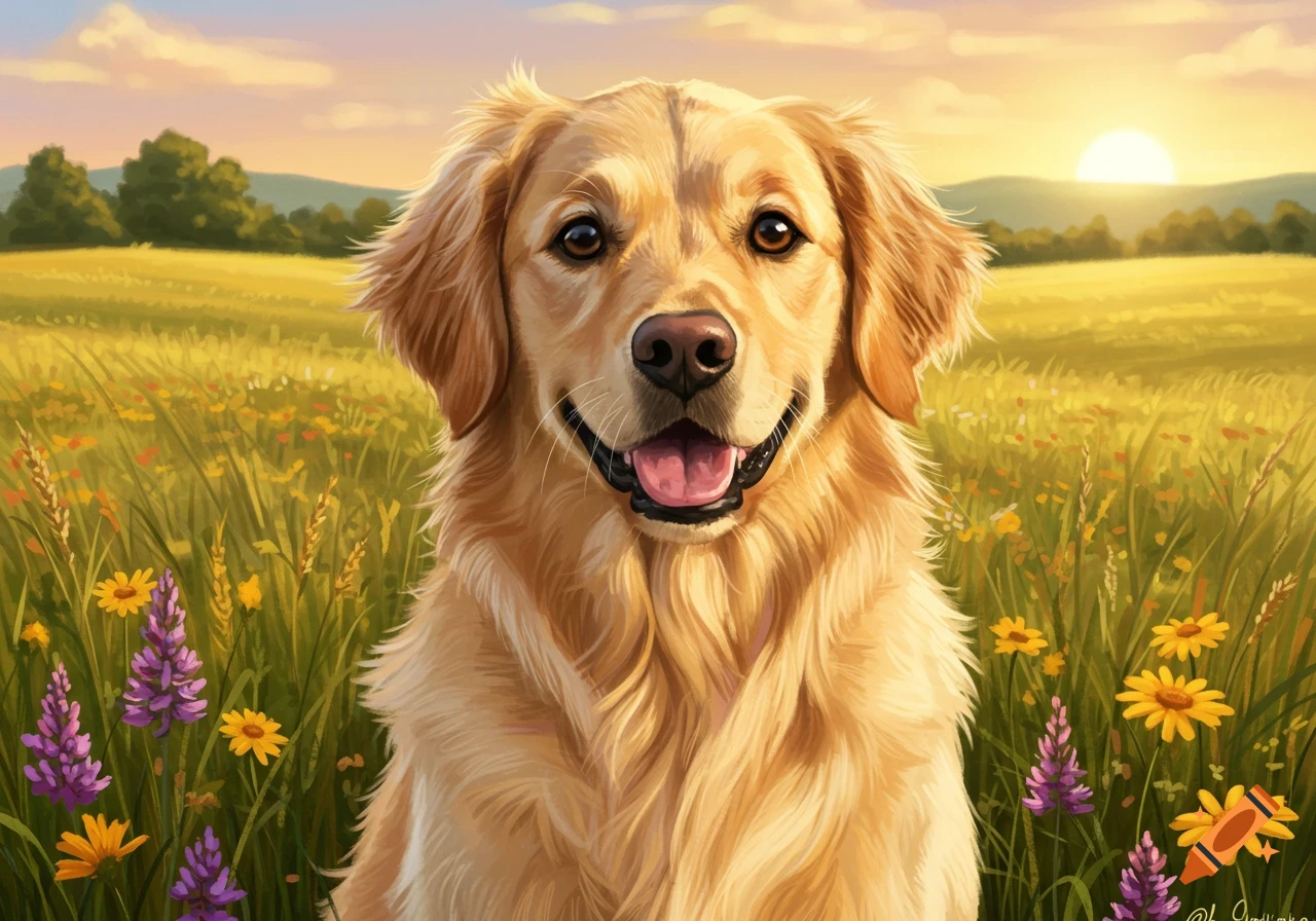 A happy Golden Retriever dog smiles in a sunny, flower-filled field at sunset, digital painting.