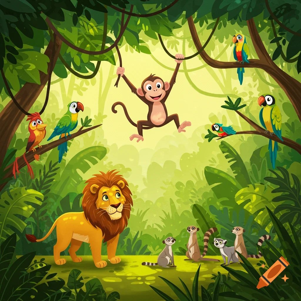 A cartoon jungle scene with a monkey swinging on a vine, a lion, colorful parrots, and meerkats on the ground.