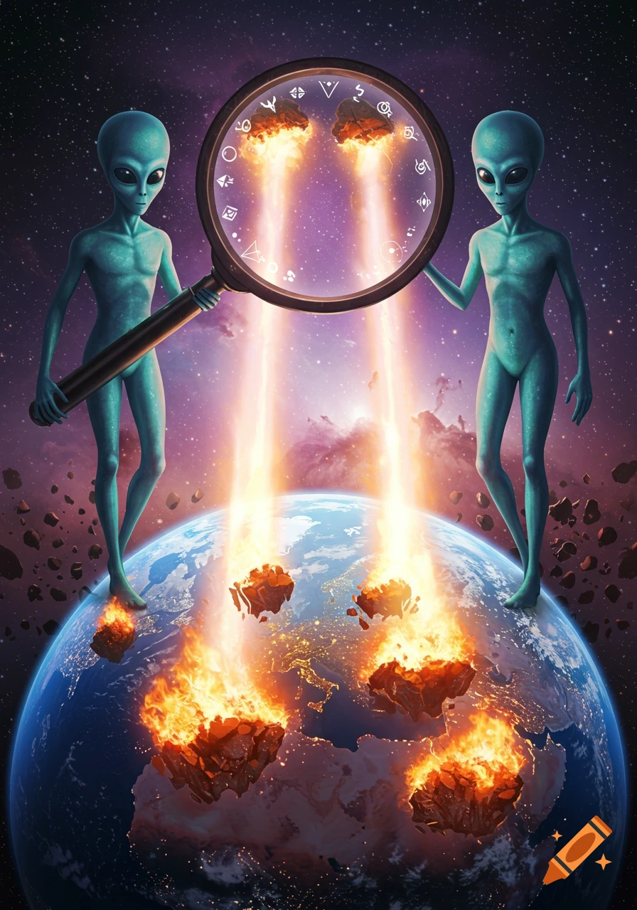 Two grey aliens stand on Earth in space, one using a magnifying glass to direct energy beams, causing fires and explosions on the planet.