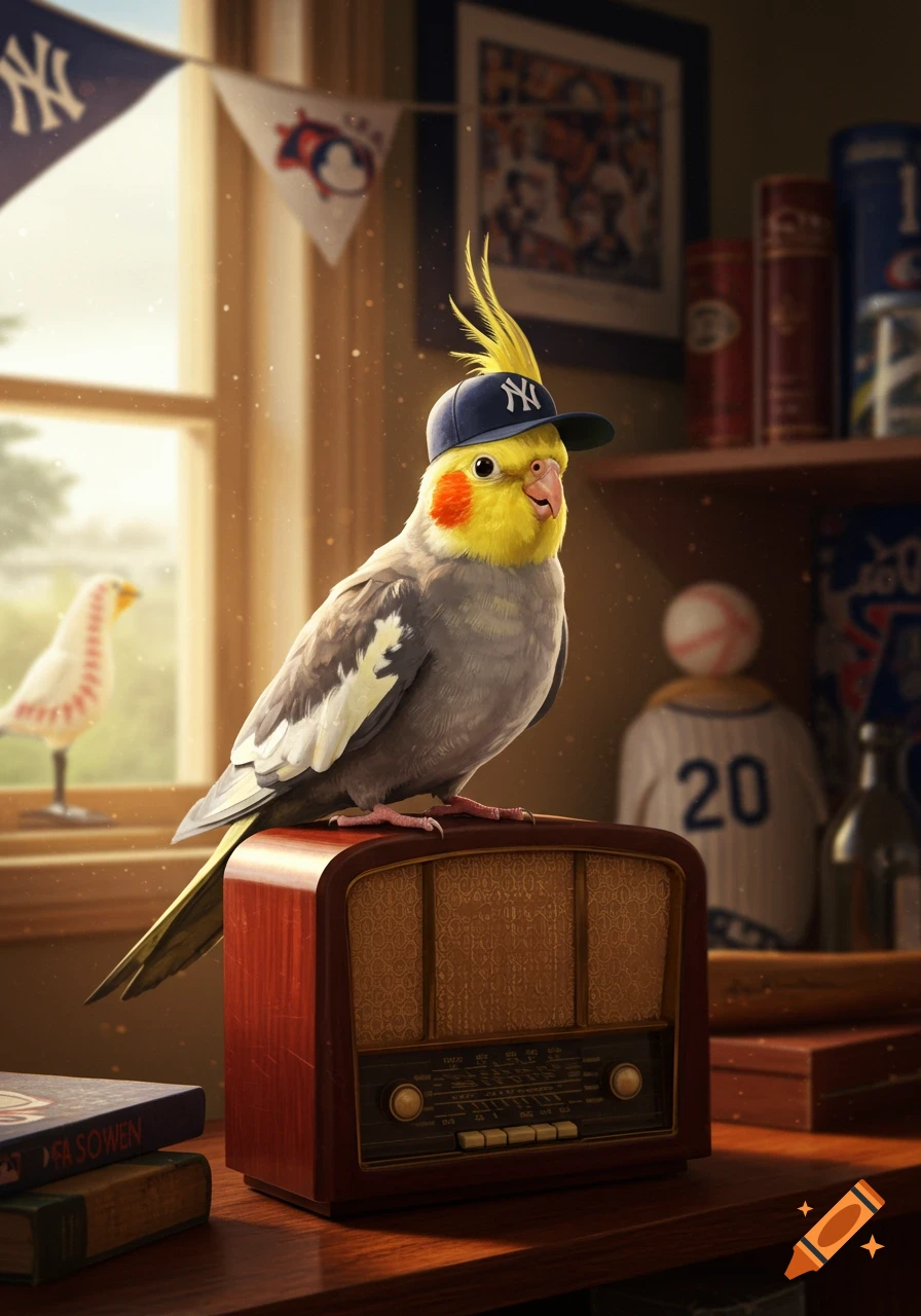 Photorealistic cockatiel in a Yankees cap perches on a vintage radio, surrounded by baseball memorabilia like pennants and a jersey.