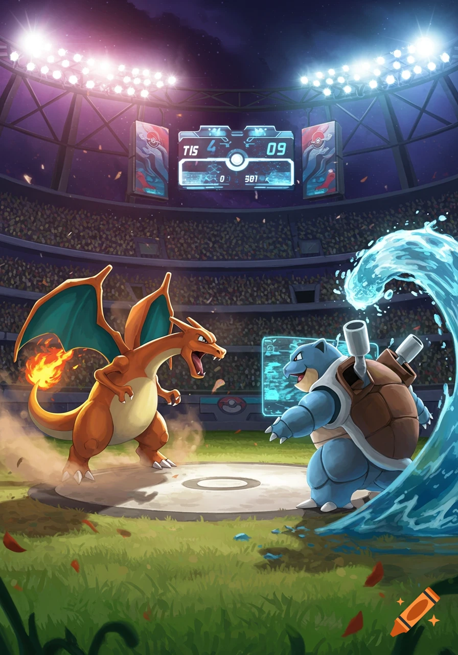 A vibrant illustration shows Charizard battling Blastoise in a brightly lit stadium, with a scoreboard displaying game details.
