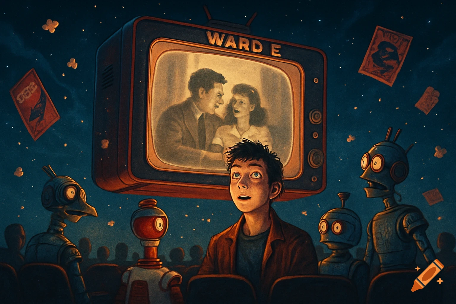 A boy and various robots watch a movie on a large, floating retro television in a starry cinema, stylized illustration.