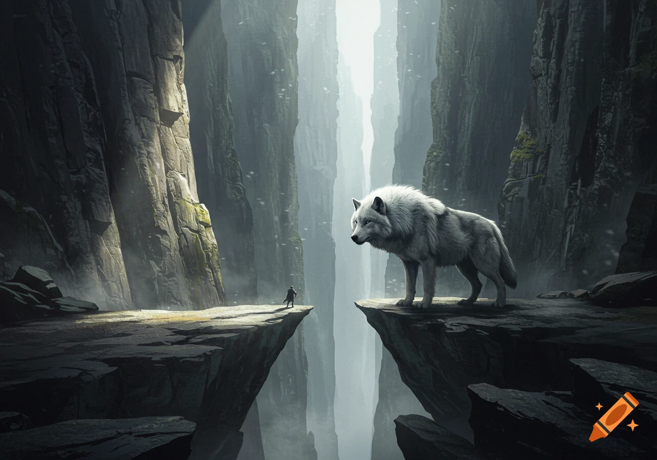 A lone figure stands on a cliff edge facing a large white wolf across a chasm in a dramatic, misty canyon.