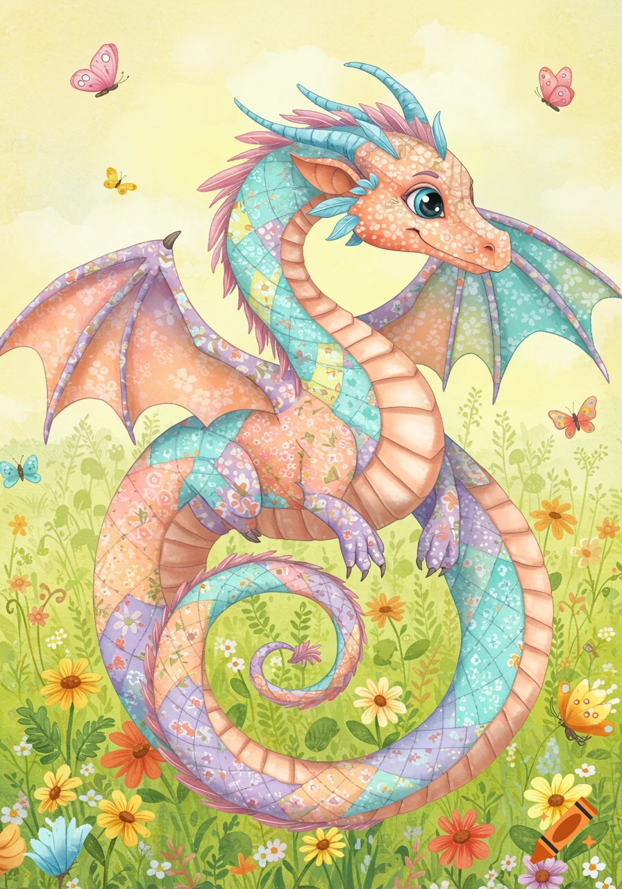 A colorful patchwork dragon with floral patterns stands in a field of wildflowers, surrounded by butterflies, in a whimsical illustration style.