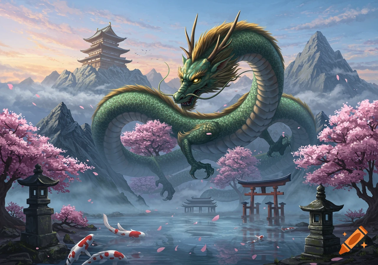 A majestic green Japanese dragon floats over a misty lake with pink cherry blossoms, traditional temples, torii gates, and koi fish in a mountain landscape.