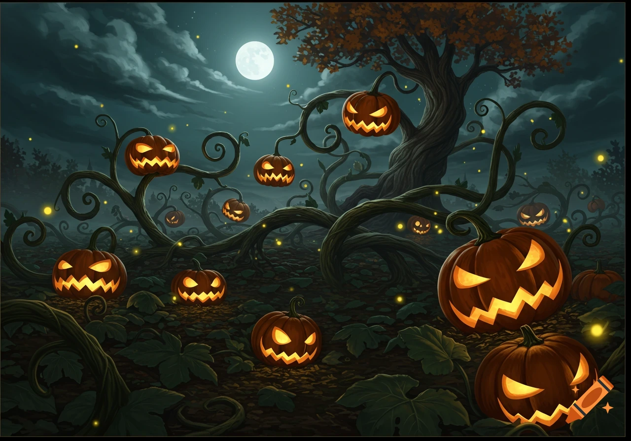 A spooky Halloween night scene with glowing jack-o'-lanterns on twisted vines and a gnarled tree under a full moon.