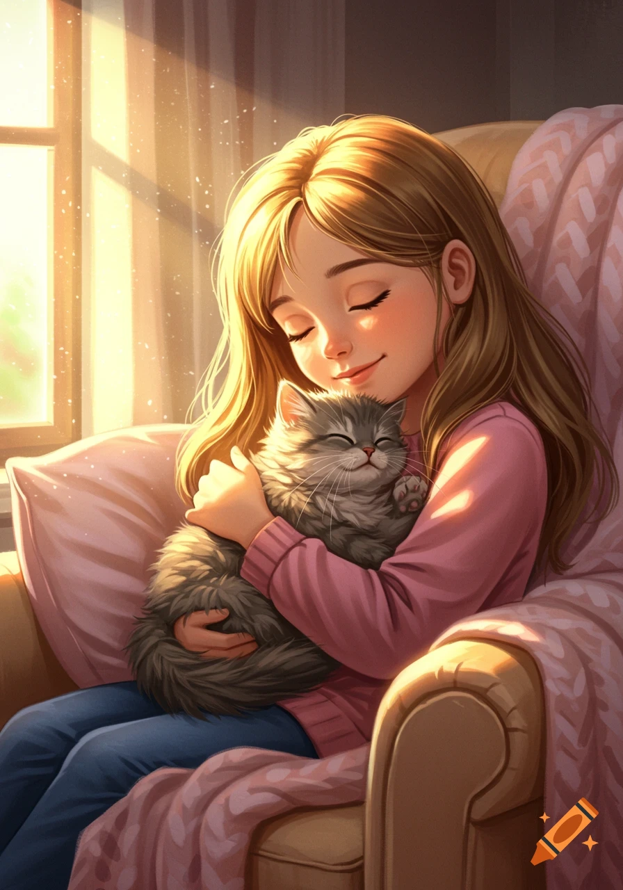 An illustration of a young girl with her eyes closed, happily hugging a fluffy gray cat while sitting in a sunlit chair.