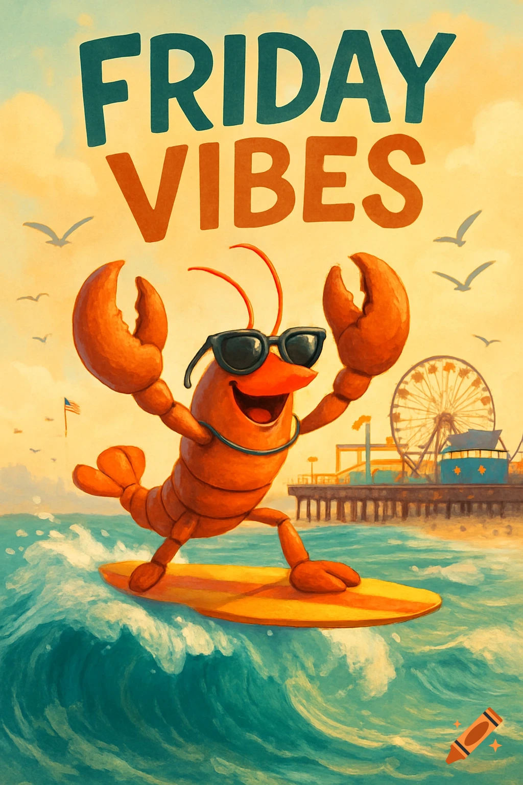 A vibrant cartoon lobster wearing sunglasses surfs a wave near a pier, with 'Friday Vibes' text above.