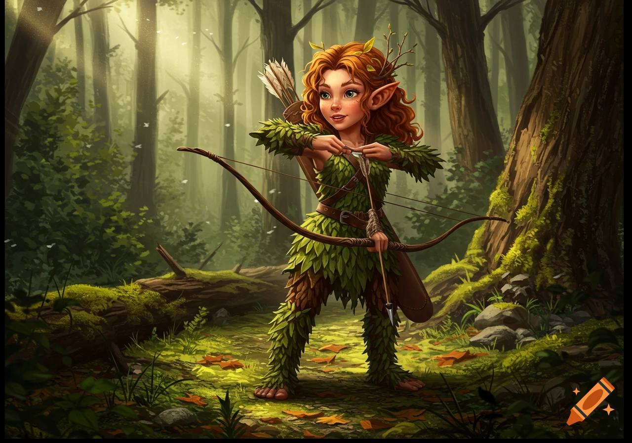 A cute, red-haired forest gnome in a leaf-covered outfit holds a bow and arrow in a sunlit, vibrant forest.