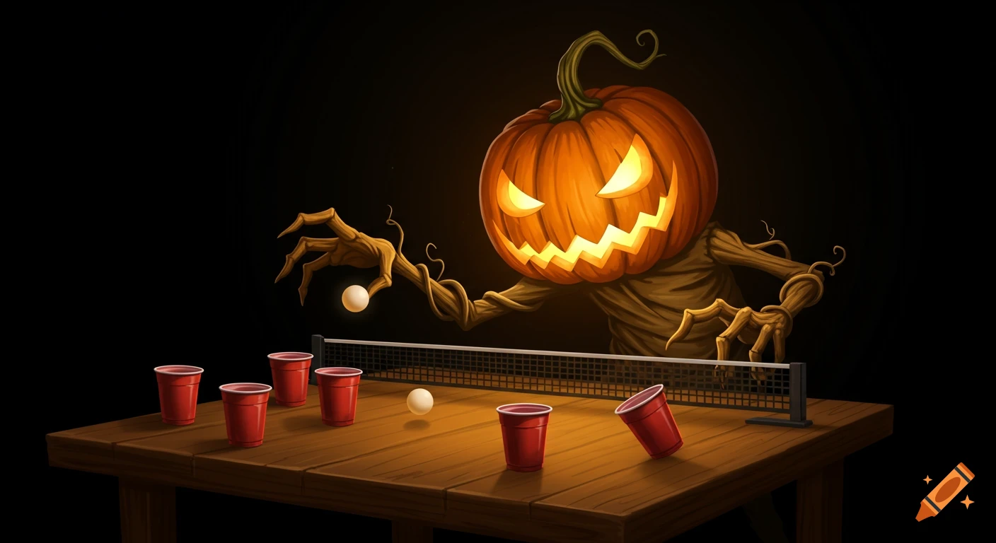 A spooky, glowing pumpkin-headed character with gnarled, branch-like arms plays beer pong on a wooden table in the dark.