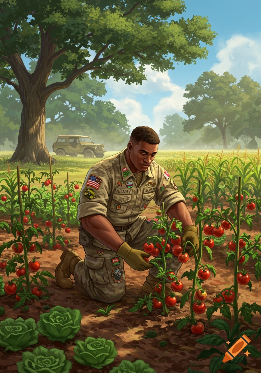 An illustrated image of a man in an Army uniform kneeling in a garden, harvesting tomatoes. A Jeep is in the background.