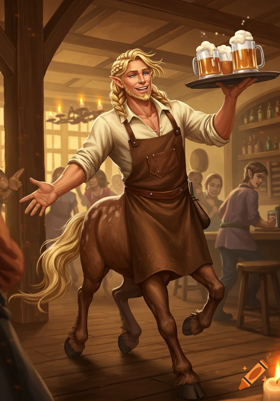 A blonde centaur man with a braided hairstyle smiles while holding a tray with three mugs of beer in a rustic tavern.