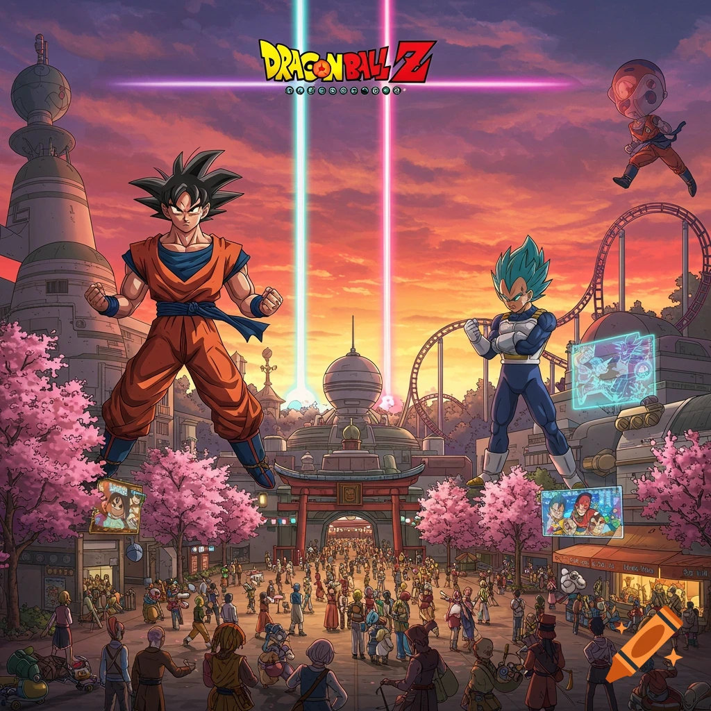 Goku and Vegeta stand large in an anime-style Dragon Ball Z theme park with cherry blossoms, a Torii gate, and a crowd of people under a sunset sky.
