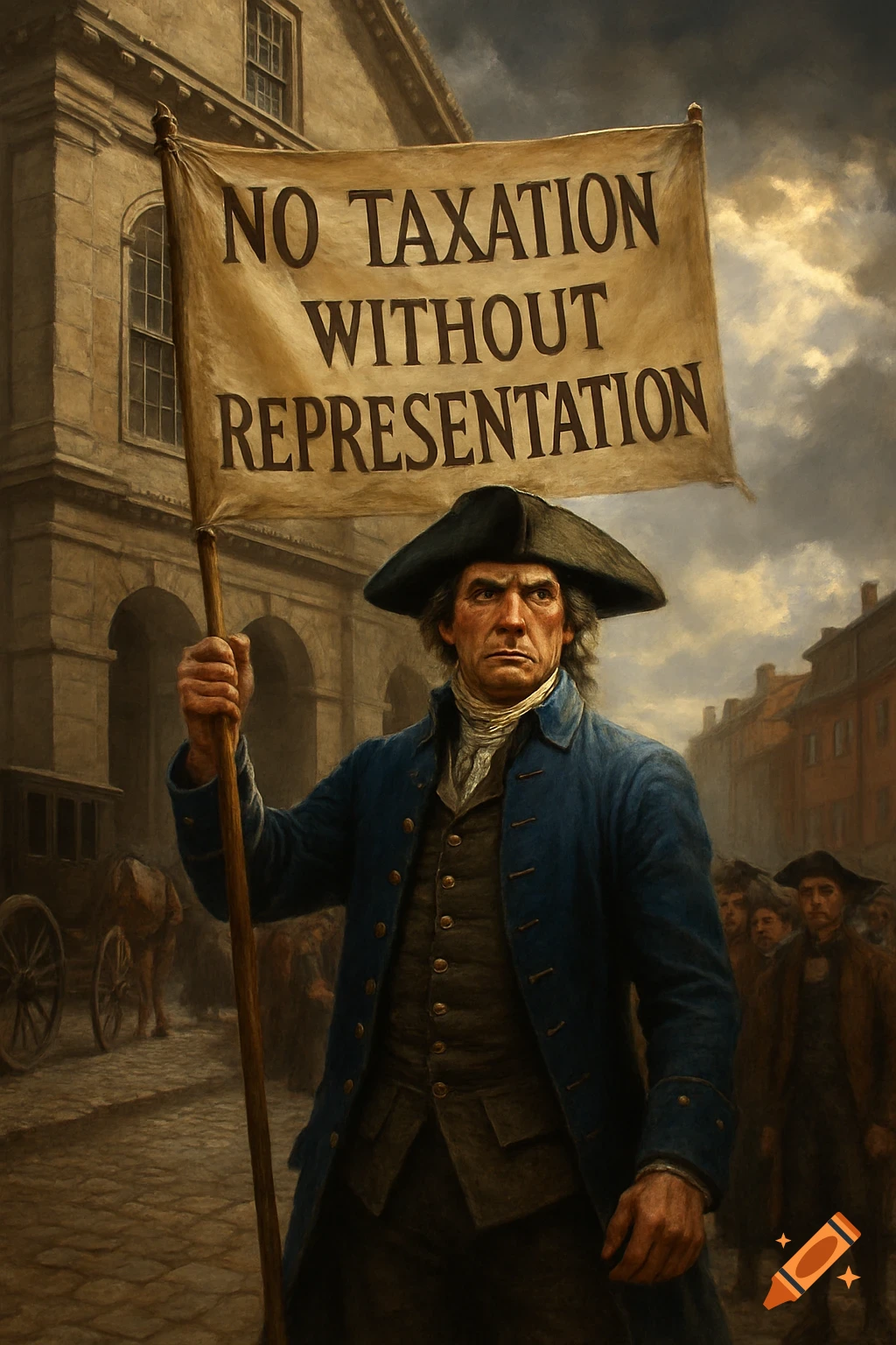 A man in colonial attire holds a protest banner reading "NO TAXATION WITHOUT REPRESENTATION" on a historical city street. Realistic painting.