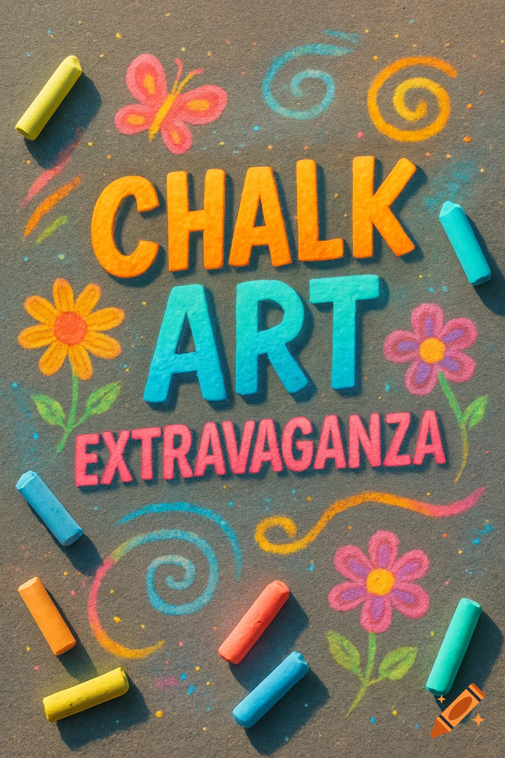 Colorful chalk art on a dark surface reading 'CHALK ART EXTRAVAGANZA' with flowers, butterfly, swirls, and chalk sticks.