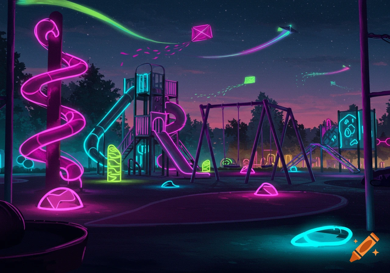 A vibrant neon playground at night, featuring glowing slides, swings, and climbing structures under a starry sky with neon kites flying.