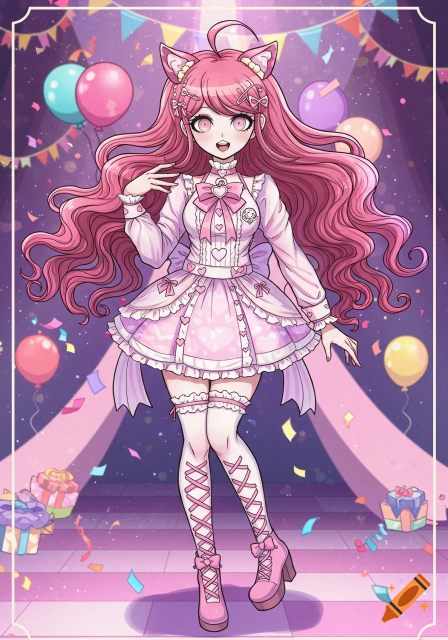 Anime girl with long pink hair and cat ears in a frilly pink dress, posing at a kawaii party with balloons and confetti.