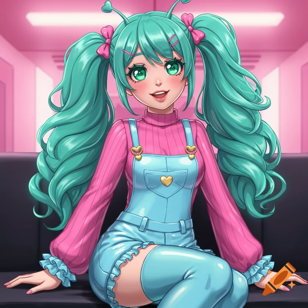 Vibrant anime girl with teal pigtails, pink turtleneck, and glossy blue overalls sits on a couch in a pink room.