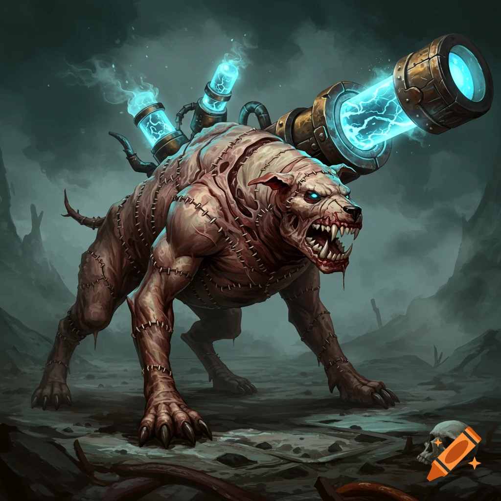 A monstrous, stitched-together dog-like flesh golem with glowing blue eyes and a magical cannon on its back, in a desolate landscape with a skull.