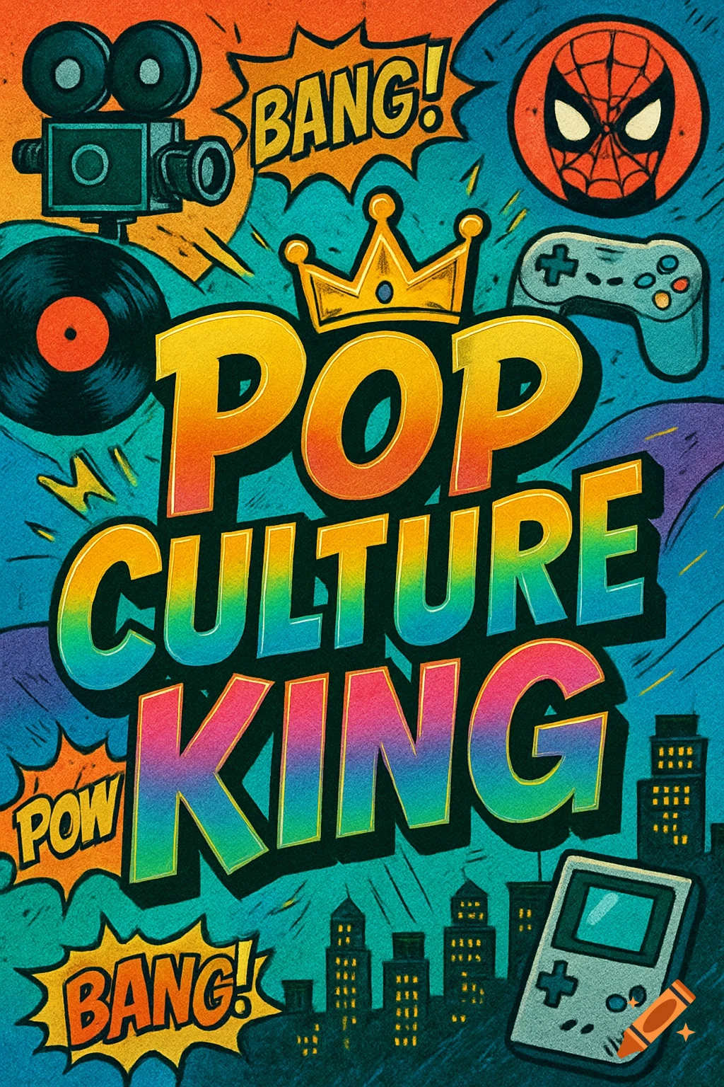 A vibrant comic book style poster with 'POP CULTURE KING' text, featuring a film camera, record, Spider-Man mask, game controller, and Game Boy against a city silhouette.