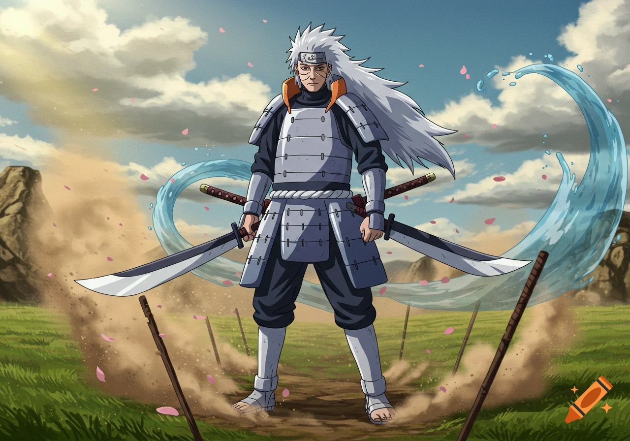 Anime art of Tobirama Senju (Second Hokage) in samurai armor, holding two swords with swirling water and falling cherry blossoms.