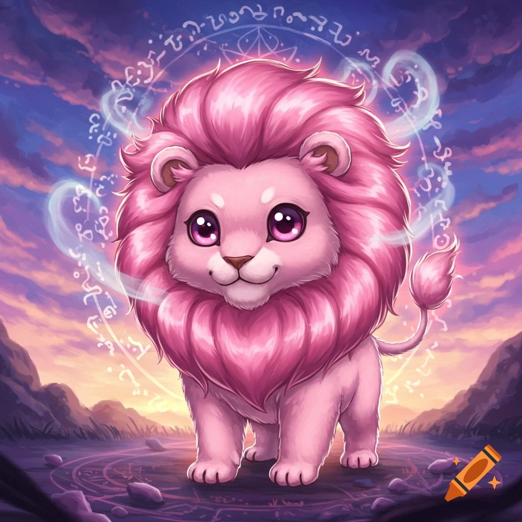 A cute, pink, magical lion with glowing eyes and a fluffy mane stands in a magical circle at sunset, in a cartoonish fantasy art style.
