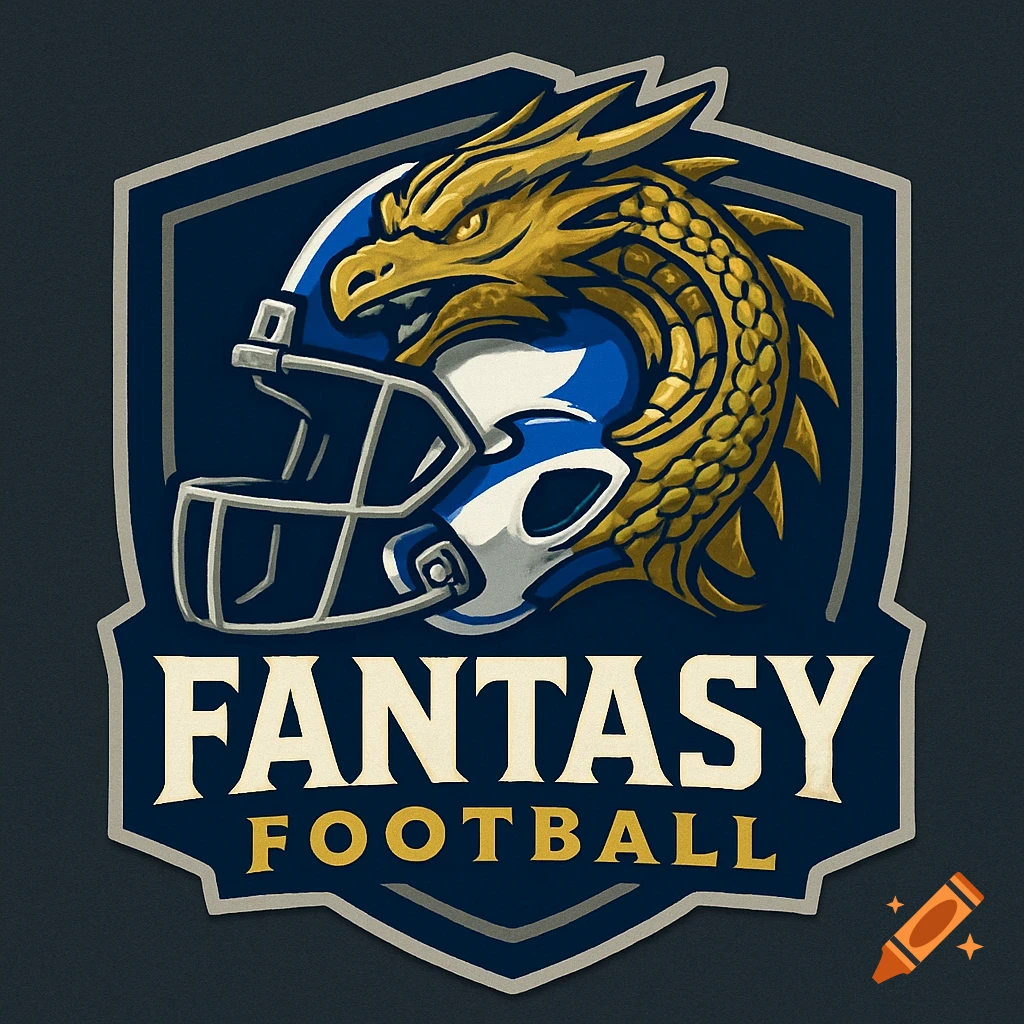 A blue and white football helmet with a golden dragon head emerging from it, forming a logo for 'FANTASY FOOTBALL'.