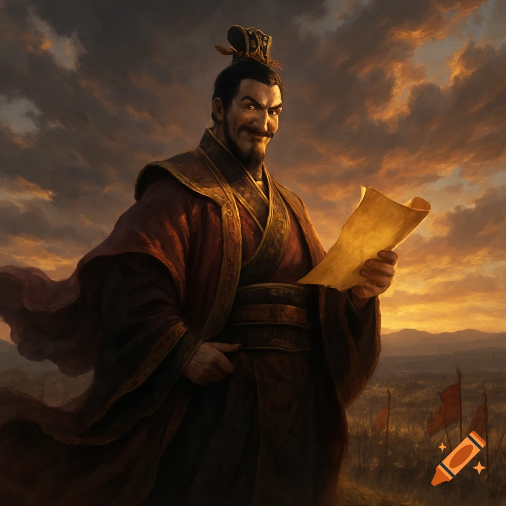 A mischievous man in ancient Chinese robes holds a scroll on a battlefield at sunset, painted in an epic fantasy style.